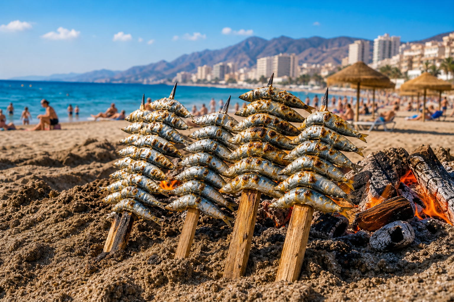 Espetos en la playa de Málaga, con el mar y el cielo al fondo